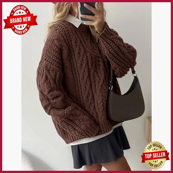 Oversized Cable Knit Pullover Sweater, Chunky Winter Crewneck, Long Sleeve - Picture 5 of 7